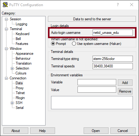 Configuring Username in PuTTY